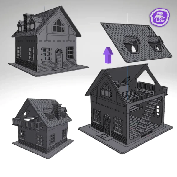 ALT: Drewniany domek DIY Domek ze sklejki do samodzielnego złożenia – 2 piętra, kominek i balkon