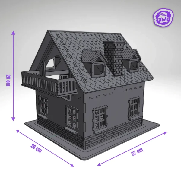 ALT: Drewniany domek DIY Domek ze sklejki do samodzielnego złożenia – 2 piętra, kominek i balkon