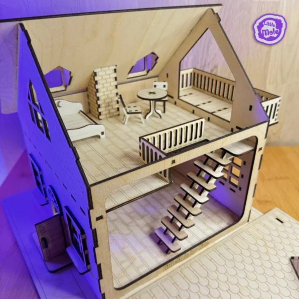 ALT: Drewniany domek DIY Domek ze sklejki do samodzielnego złożenia – 2 piętra, kominek i balkon