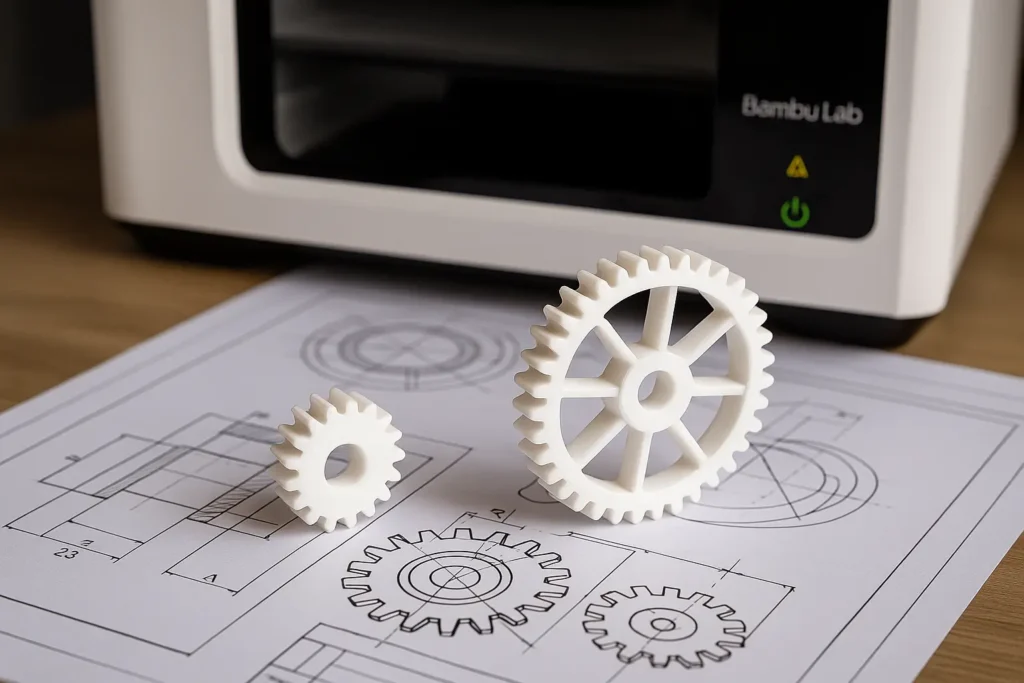 druk-3d-zebatki-projekt-boleslawiec ALT: Precyzyjny wydruk 3D zębatek obok projektu